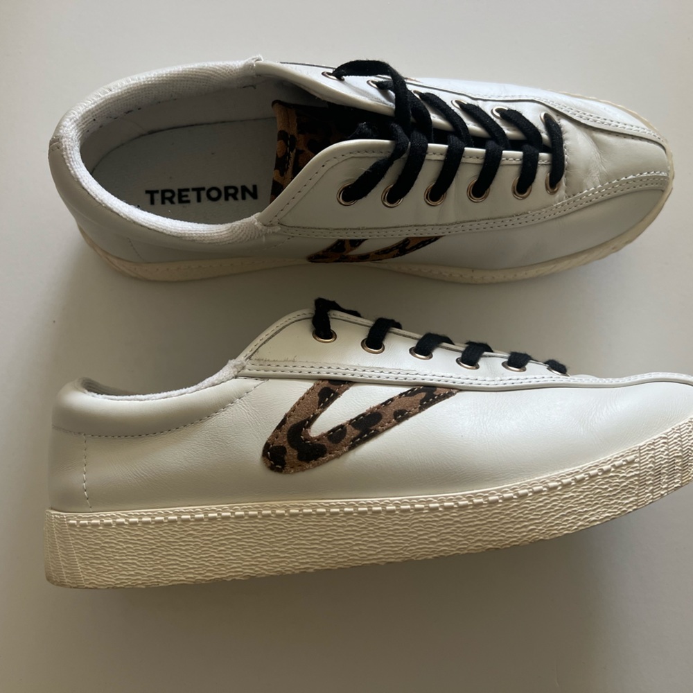Tretorn Nylite Leather Sneakers with Leopard Trim - Size 7.5